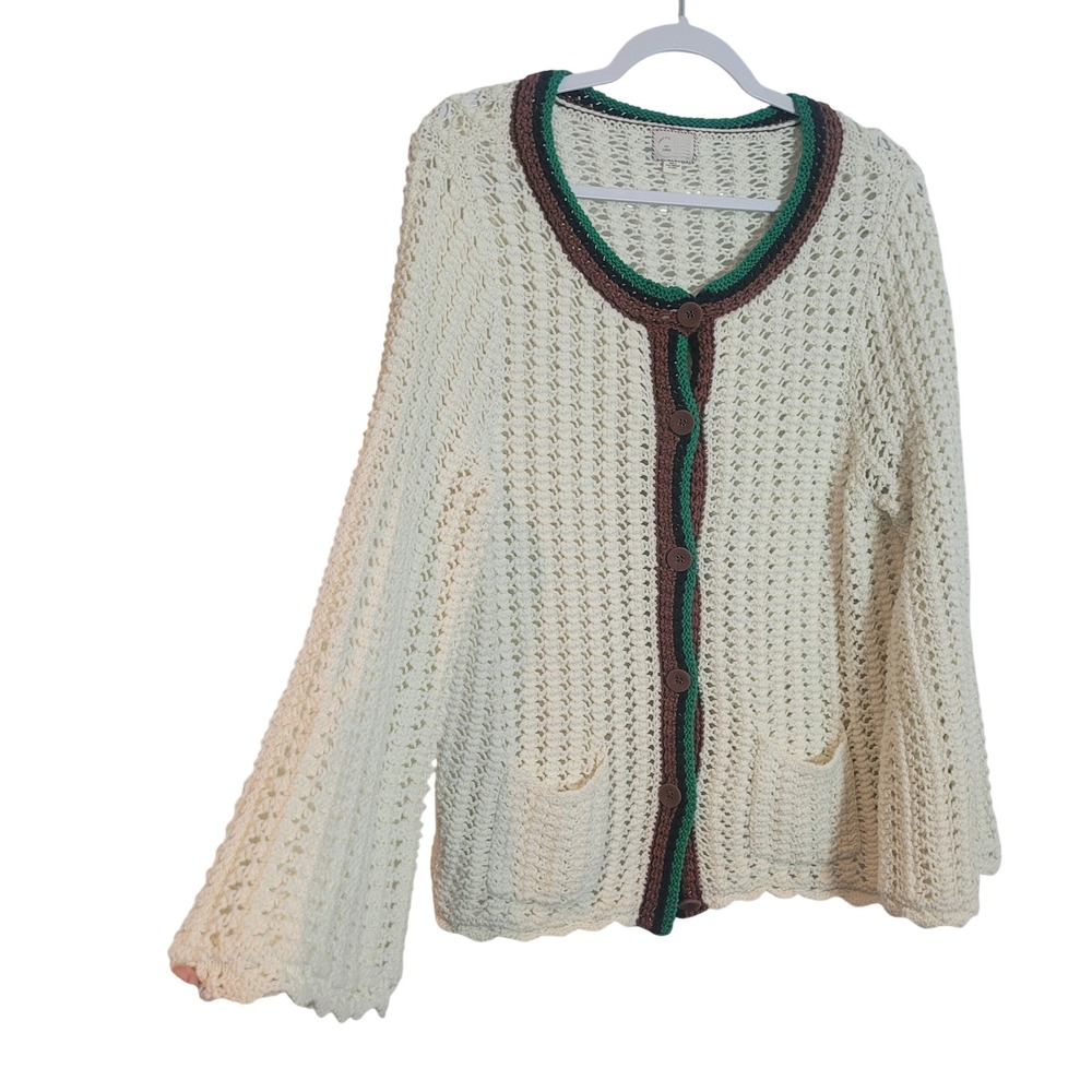 Anthropologie Postmark‎ Cream Crochet Open Knit Cardigan Green Brown Trim Large